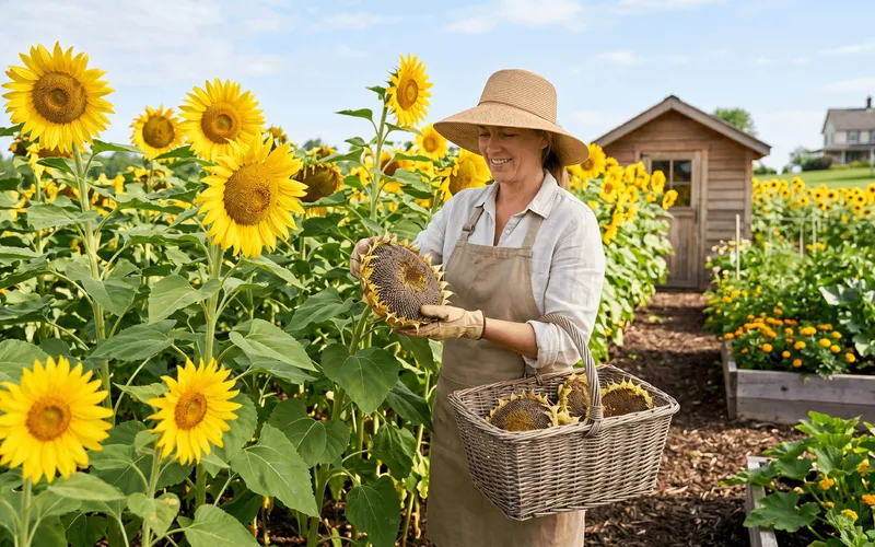 Jardinière souriante portant un chapeau de paille et un tablier, récoltant une grosse tête de tournesol mûre remplie de graines dans un champ de fleurs de soleil