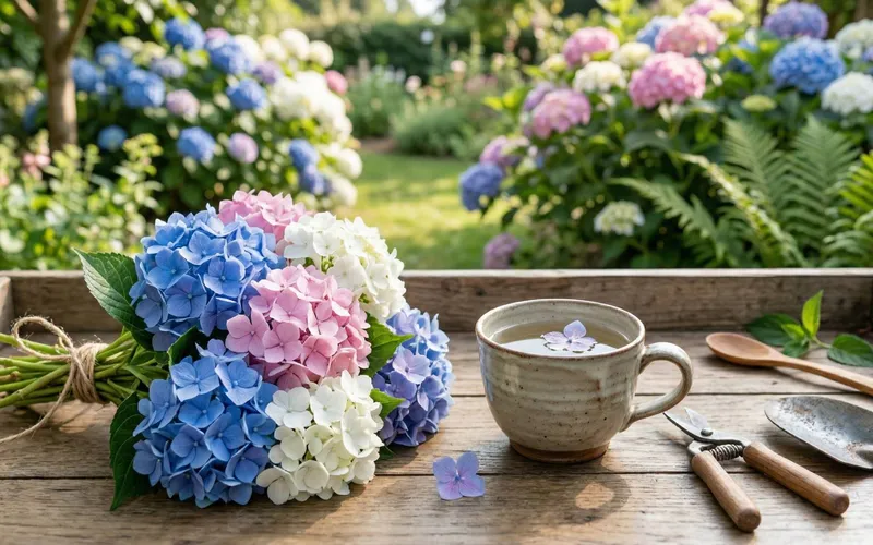 Bouquet d'hortensias fraîchement coupés bleus, roses et blancs posé sur une table en bois à côté d'une tasse d'infusion et d'outils de jardinage