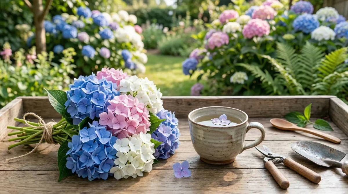 Bouquet d'hortensias fraîchement coupés bleus, roses et blancs posé sur une table en bois à côté d'une tasse d'infusion et d'outils de jardinage