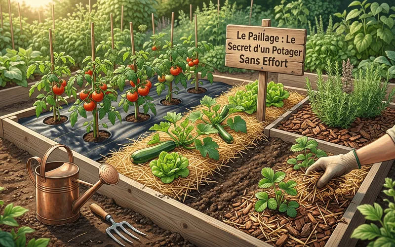 Bacs de culture surélevés montrant différentes techniques de paillage comme une bâche noire pour les tomates, de la paille pour les courgettes et du broyat de bois pour les fraisiers