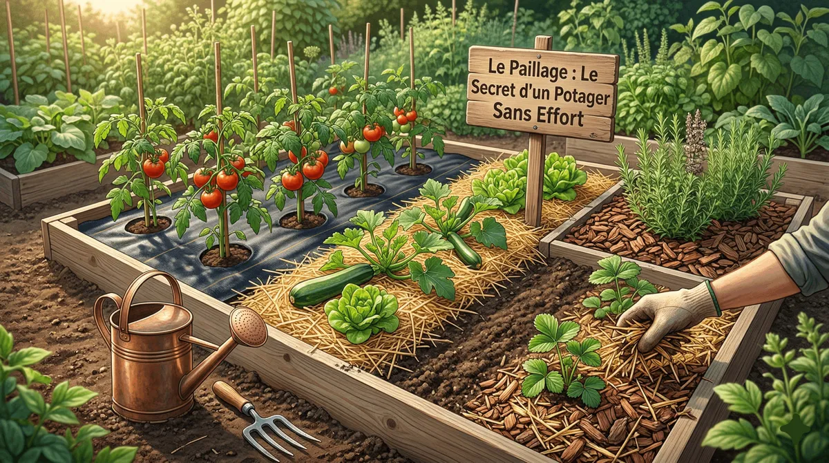Bacs de culture surélevés montrant différentes techniques de paillage comme une bâche noire pour les tomates, de la paille pour les courgettes et du broyat de bois pour les fraisiers