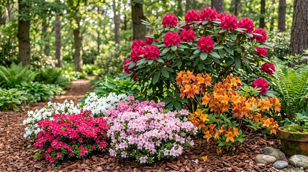Massifs forestiers associant un grand rhododendron rose vif à des buissons d'azalées blanches, roses et orange le long d'un sentier paillé