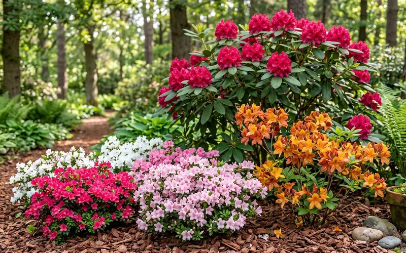 Massifs forestiers associant un grand rhododendron rose vif à des buissons d'azalées blanches, roses et orange le long d'un sentier paillé