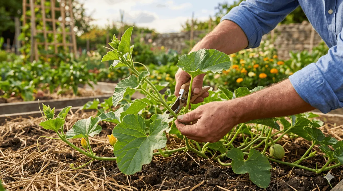 Gros plan sur les mains d'un jardinier utilisant un sécateur pour couper délicatement la tige d'un plant de melon sur un lit de paillis de paille au potager