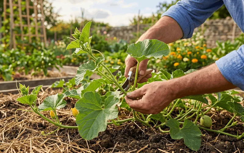 Gros plan sur les mains d'un jardinier utilisant un sécateur pour couper délicatement la tige d'un plant de melon sur un lit de paillis de paille au potager