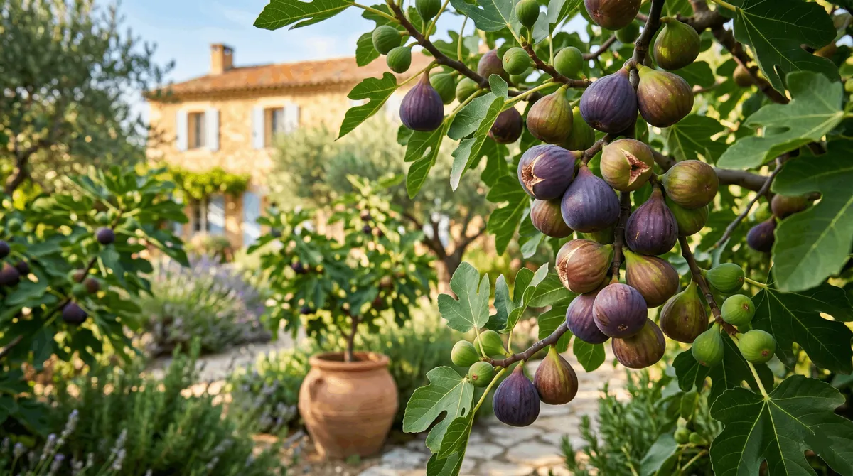 Grappes de figues violettes mûres suspendues aux branches d'un figuier vigoureux devant une maison en pierre provençale