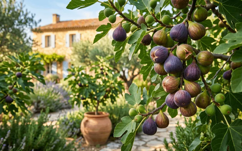 Grappes de figues violettes mûres suspendues aux branches d'un figuier vigoureux devant une maison en pierre provençale