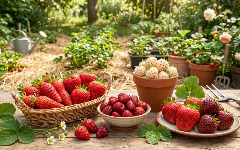 Assortiment de différentes variétés de fraises rouges, pourpres et blanches disposées dans des paniers et coupelles en bois