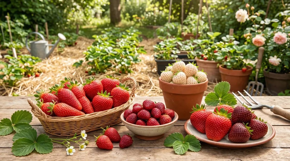 Assortiment de différentes variétés de fraises rouges, pourpres et blanches disposées dans des paniers et coupelles en bois