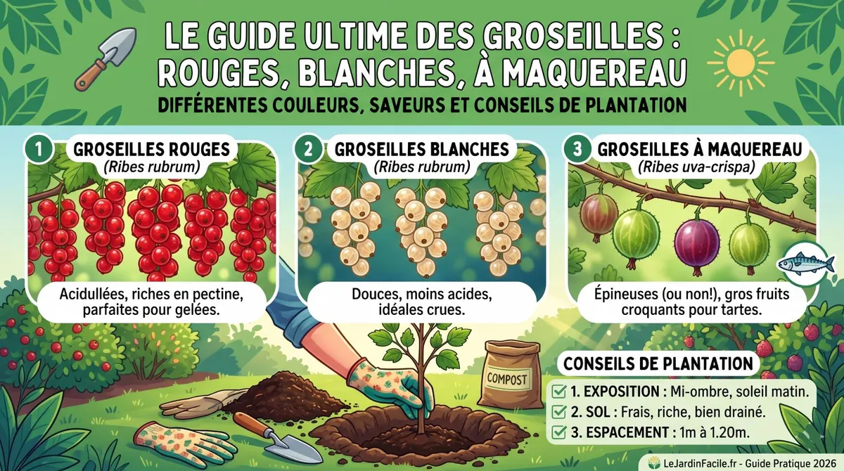 Infographie explicative présentant les caractéristiques des groseilles rouges, des groseilles blanches et des groseilles à maquereau avec des conseils de plantation