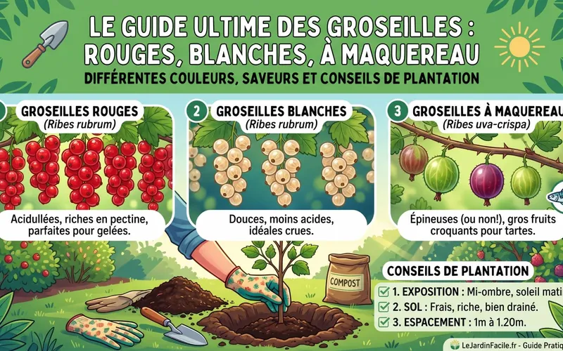 Infographie explicative présentant les caractéristiques des groseilles rouges, des groseilles blanches et des groseilles à maquereau avec des conseils de plantation