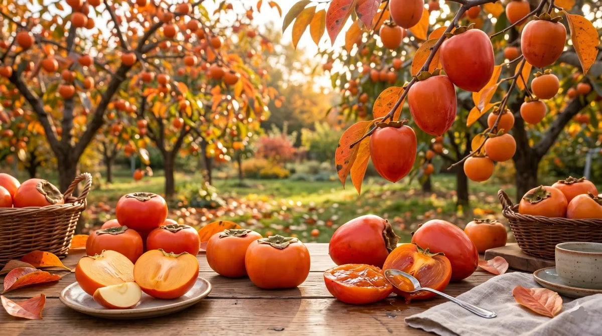Kakiques mûrs et orange vif disposés sur une table en bois dans un verger de plaqueminiers à la lumière du couchant