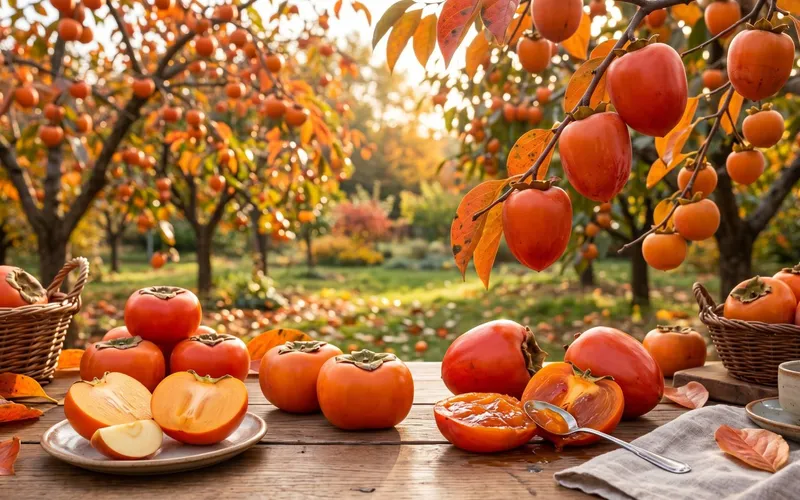 Kakiques mûrs et orange vif disposés sur une table en bois dans un verger de plaqueminiers à la lumière du couchant