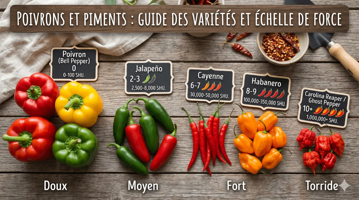 Tableau comparatif des variétés de poivrons et piments disposés sur une table en bois selon l'échelle de Scoville, du poivron doux au piment Carolina Reaper