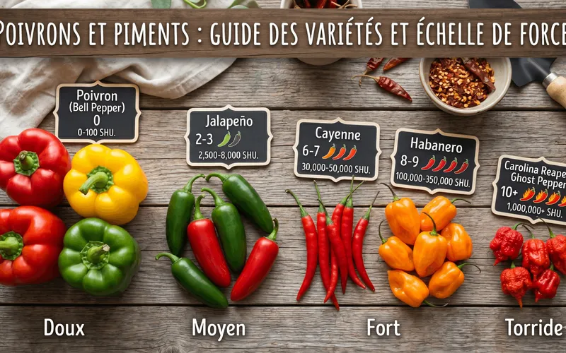 Tableau comparatif des variétés de poivrons et piments disposés sur une table en bois selon l'échelle de Scoville, du poivron doux au piment Carolina Reaper