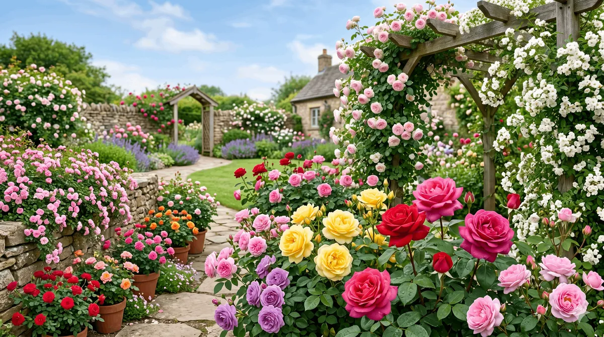 Jardin paysager fleuri mettant en valeur des buissons de rosiers multicolores et un rosier grimpant rose pâle habillant une arche en bois au-dessus d'un chemin en pierre