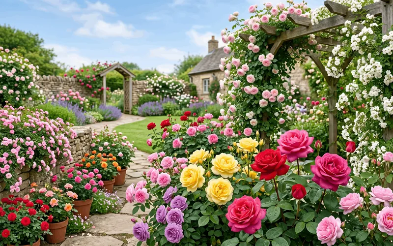 Jardin paysager fleuri mettant en valeur des buissons de rosiers multicolores et un rosier grimpant rose pâle habillant une arche en bois au-dessus d'un chemin en pierre