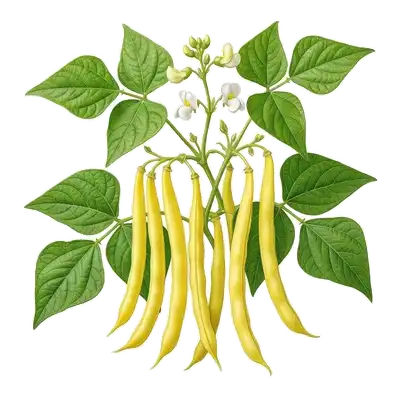 Belles gousses d'un jaune cireux vif, longues, cylindriques et charnues, pendant parmi le feuillage d'un plant de haricot beurre