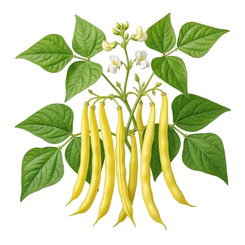 Belles gousses d'un jaune cireux vif, longues, cylindriques et charnues, pendant parmi le feuillage d'un plant de haricot beurre
