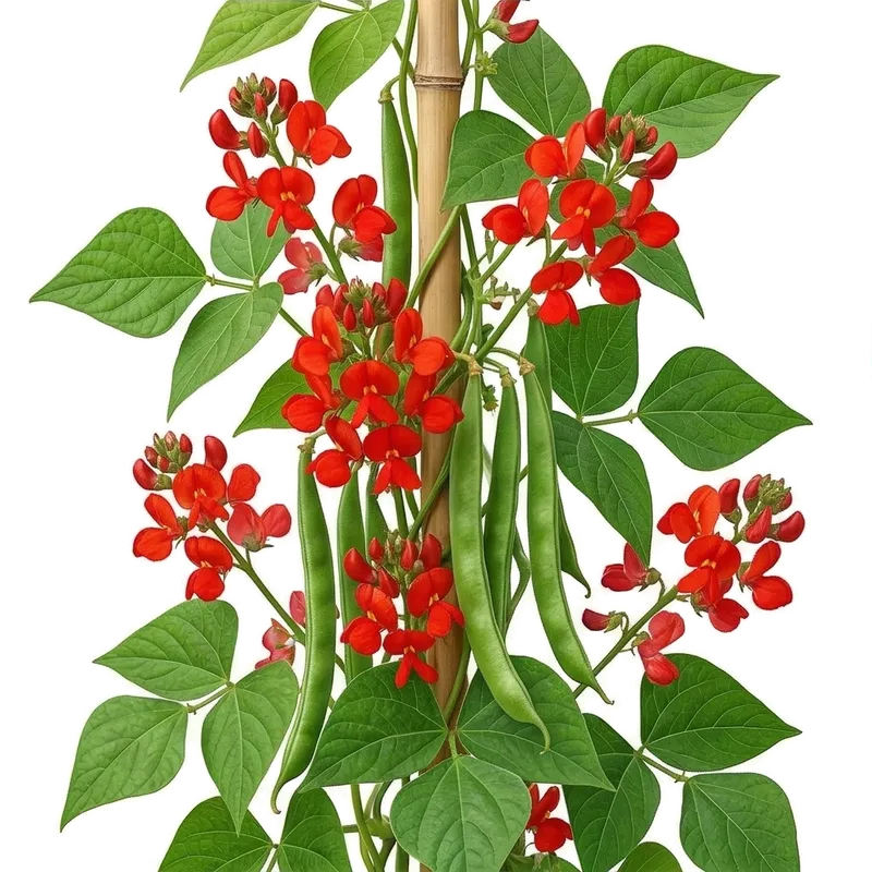 Longues gousses vertes de haricots d'Espagne suspendues à leur liane grimpante parsemée de spectaculaires fleurs rouges
