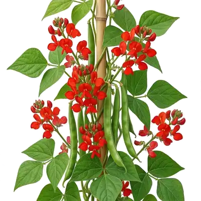Longues gousses vertes de haricots d'Espagne suspendues à leur liane grimpante parsemée de spectaculaires fleurs rouges