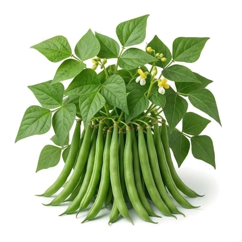 Plant de haricot vert nain bien buissonnant et chargé de longues gousses vertes fines et tendres prêtes à être cueillies