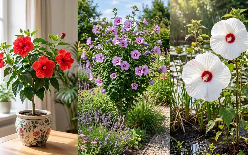 Trois variétés d'hibiscus présentées côte à côte : un hibiscus rouge en pot en intérieur, un hibiscus mauve en pleine terre et un hibiscus blanc au bord de l'eau