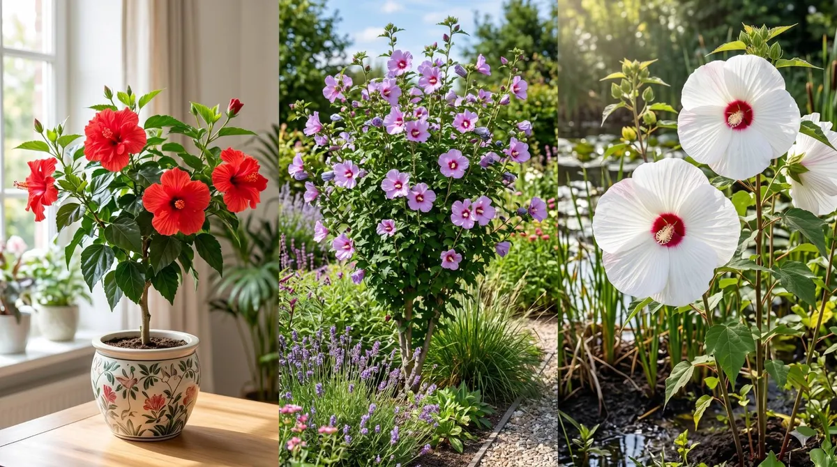 Trois variétés d'hibiscus présentées côte à côte : un hibiscus rouge en pot en intérieur, un hibiscus mauve en pleine terre et un hibiscus blanc au bord de l'eau