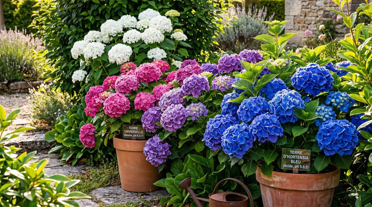 Buissons d'hortensias en pot affichant des fleurs blanches, roses et bleues selon le niveau d'acidité et le type de terreau utilisé