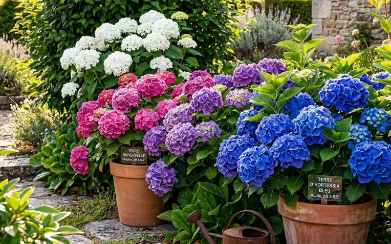 Buissons d'hortensias en pot affichant des fleurs blanches, roses et bleues selon le niveau d'acidité et le type de terreau utilisé