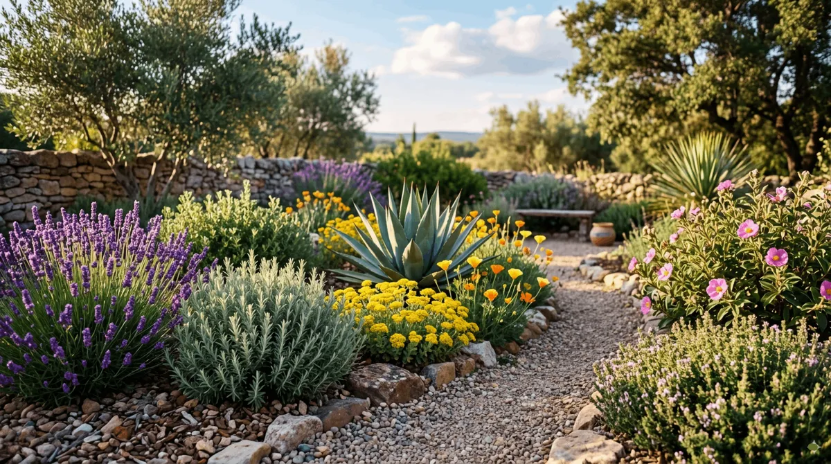 Allée en gravier au sein d'un jardin sec méditerranéen parsemé de buissons de lavande, de romarin, d'agaves et de cistes sans arrosage