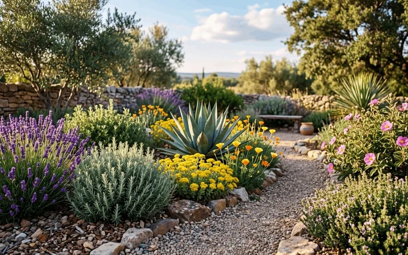 Allée en gravier au sein d'un jardin sec méditerranéen parsemé de buissons de lavande, de romarin, d'agaves et de cistes sans arrosage