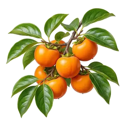 Gros kakis ronds, lisses et d'un orange vif, accrochés aux branches d'un plaqueminier dépourvu de ses feuilles à l'automne