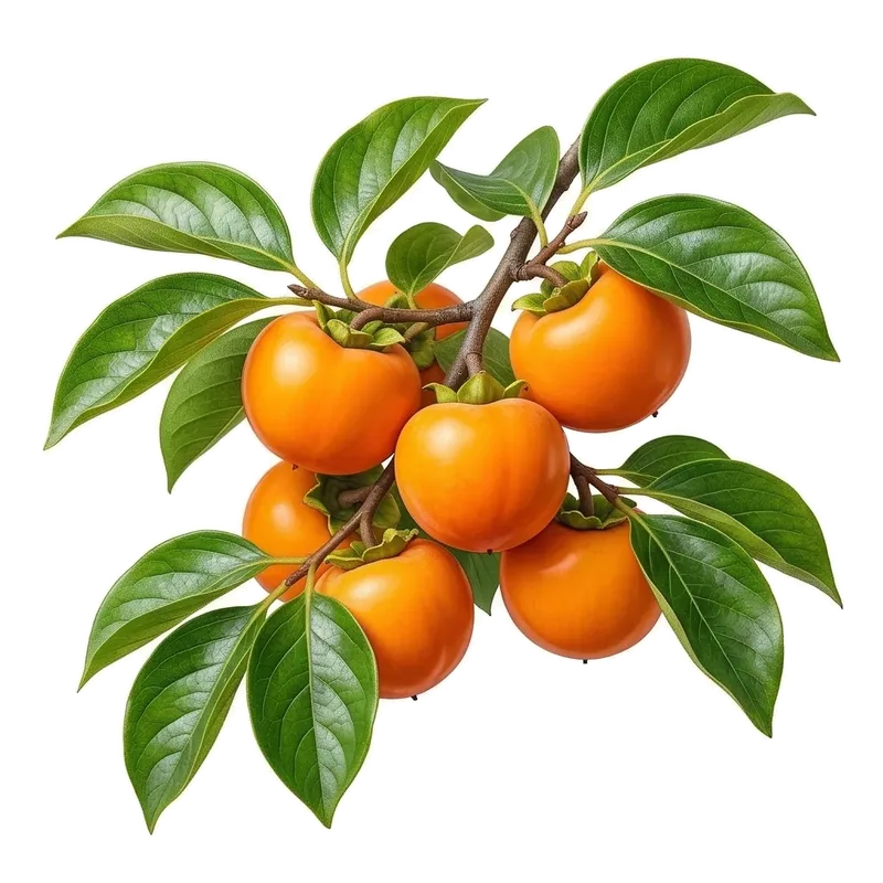Gros kakis ronds, lisses et d'un orange vif, accrochés aux branches d'un plaqueminier dépourvu de ses feuilles à l'automne