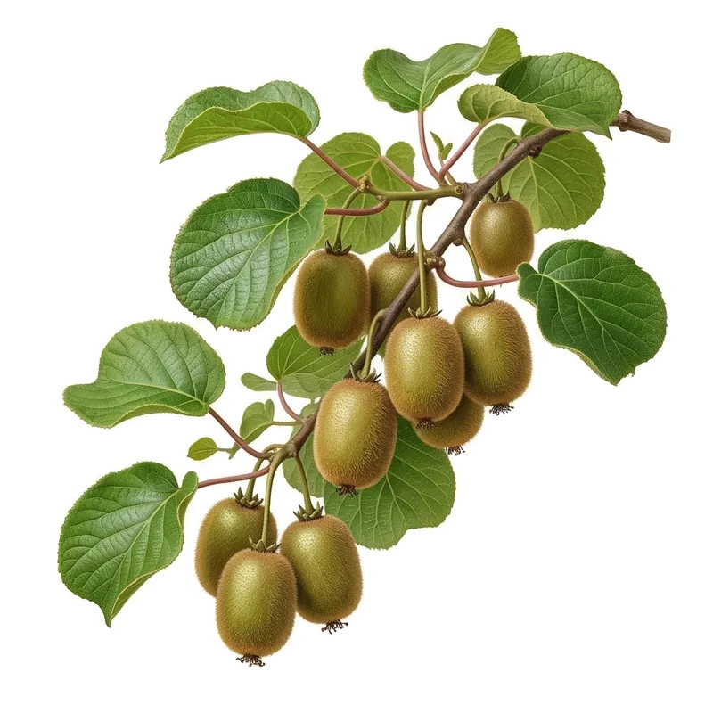 Liane vigoureuse chargée de nombreux kiwis bruns et duveteux, suspendus en grappes sous de larges feuilles rondes