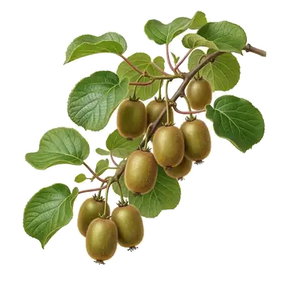 Liane vigoureuse chargée de nombreux kiwis bruns et duveteux, suspendus en grappes sous de larges feuilles rondes