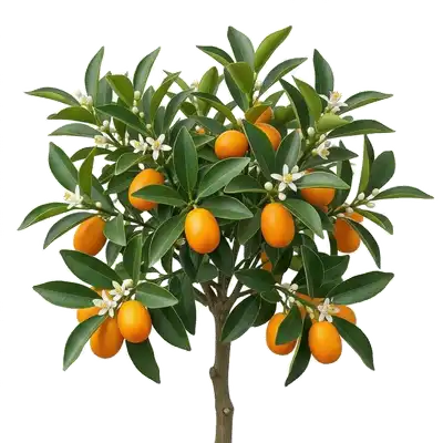 Petits fruits agrumes ovales de kumquat, arborant une peau d'un orange vif et lisse au milieu du feuillage vert sombre