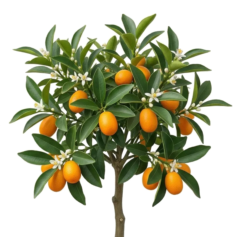 Petits fruits agrumes ovales de kumquat, arborant une peau d'un orange vif et lisse au milieu du feuillage vert sombre