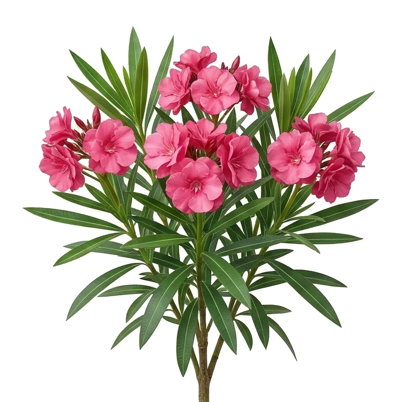 Généreux bouquets de fleurs en entonnoir d'un laurier-rose rayonnant au soleil au-dessus de longues feuilles lancéolées vert foncé