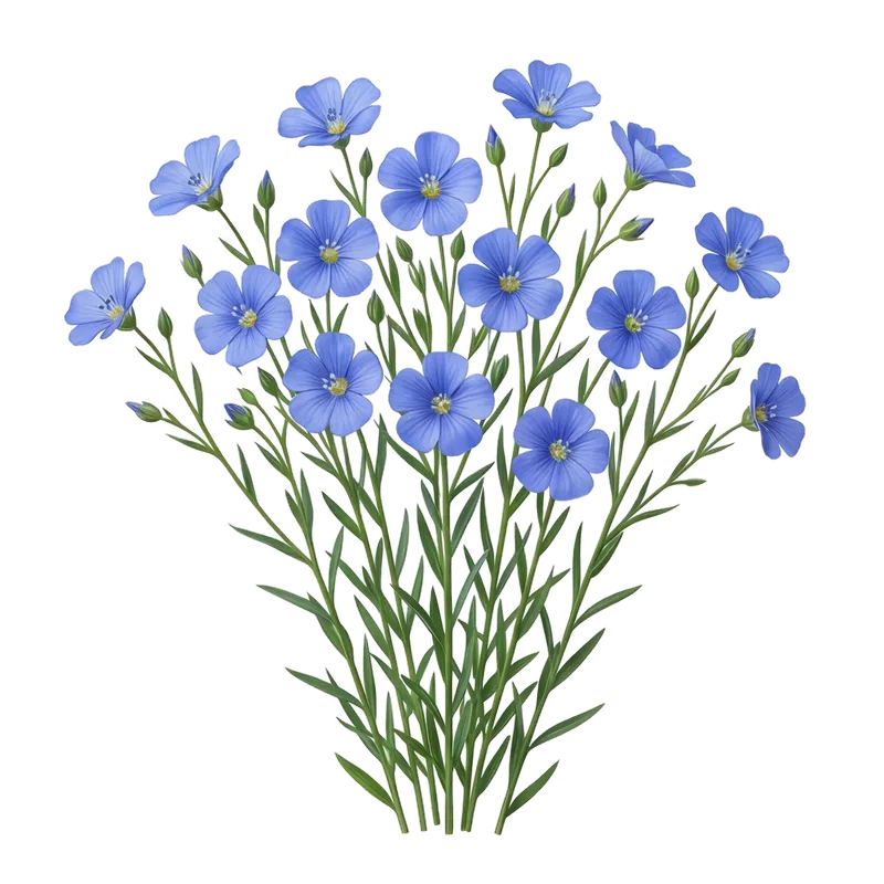 Ciel étoilé végétal formé par un magnifique champ de lin en floraison estivale, tapissé de délicates fleurs à cinq pétales bleu azur