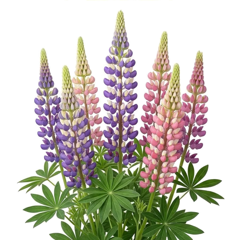 Majestueuses et hautes hampes florales de lupins densément garnies d'une multitude de petites fleurs colorées en épi
