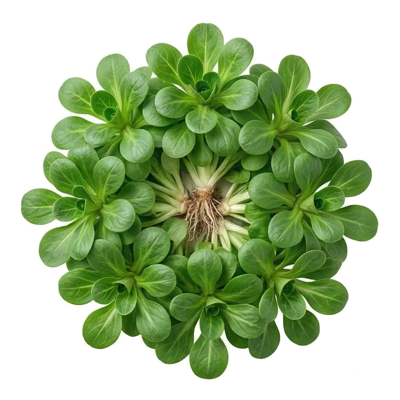 Belles rosettes de mâche aux petites feuilles vertes arrondies et tendres, tapissant le sol du potager d'hiver