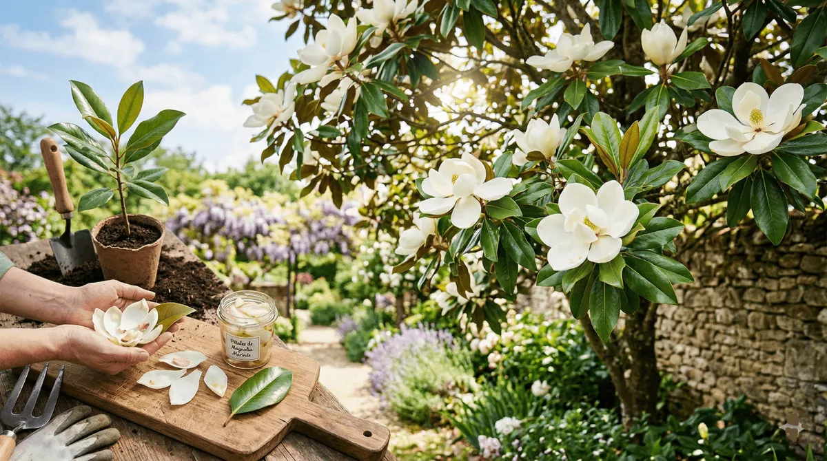Mains tenant des pétales de magnolia frais cueillis à côté d'un pot de pétales en infusion, sous un grand magnolia en pleine floraison printanière
