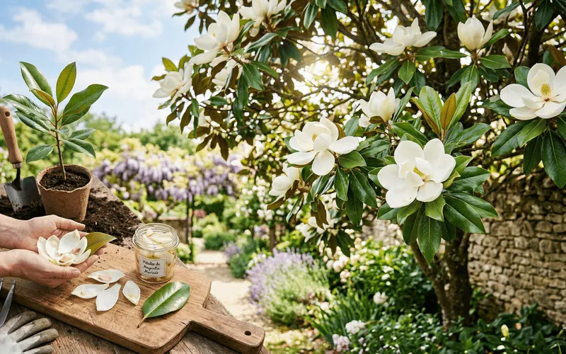 Mains tenant des pétales de magnolia frais cueillis à côté d'un pot de pétales en infusion, sous un grand magnolia en pleine floraison printanière