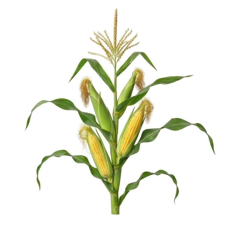 Gros et lourds épis de maïs doux partiellement libérés de leurs spathes foliaires, révélant des rangées de grains jaunes luisants
