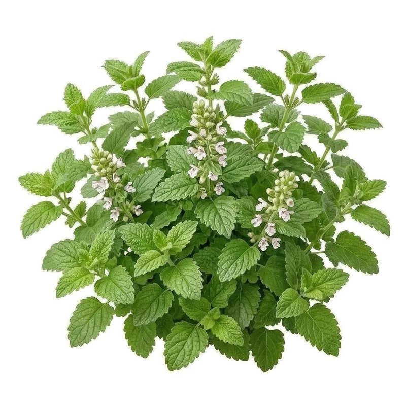 Feuillage vert tendre très texturé et légèrement dentelé d'un pied buissonnant de mélisse officinale odorante