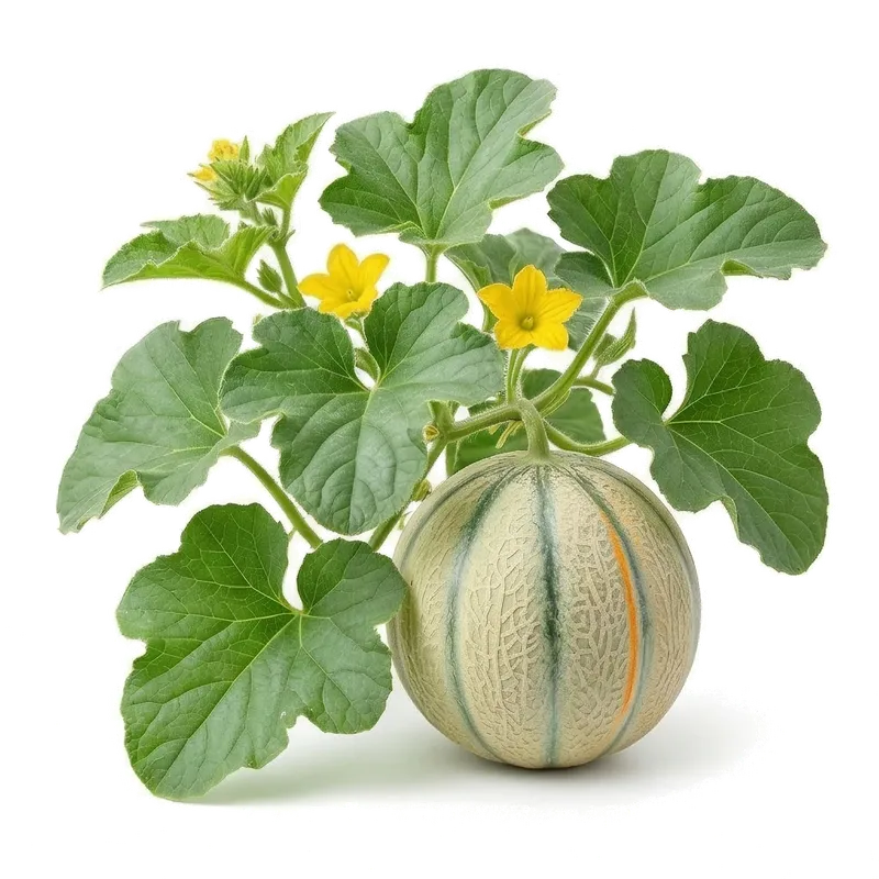 Melon charentais bien rond à la peau brodée et aux tranches vertes bien dessinées, reposant sur le sol