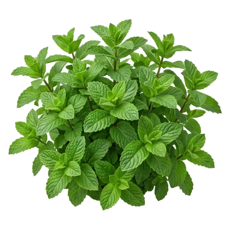 Généreux plant de menthe verte étalant ses feuilles gaufrées, lisses et dentelées, exhalant un parfum très frais et aromatique