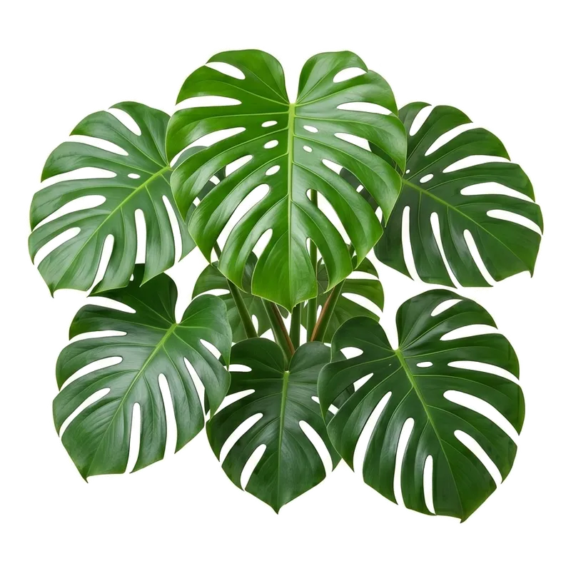 Très graphique Monstera deliciosa d'intérieur, exhibant majestueusement ses immenses feuilles vert foncé spectaculairement lobées et perforées