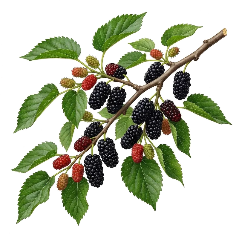 Gros plan sur les branches d'un mûrier noir portant des mûres charnues et bosselées, passant du rouge au noir profond à maturité